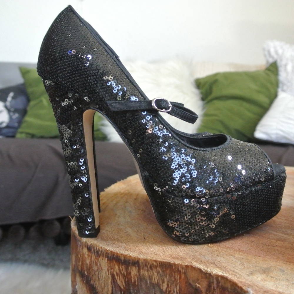 ASOS Pepper Black Sequin Platform Mary Jane Heels